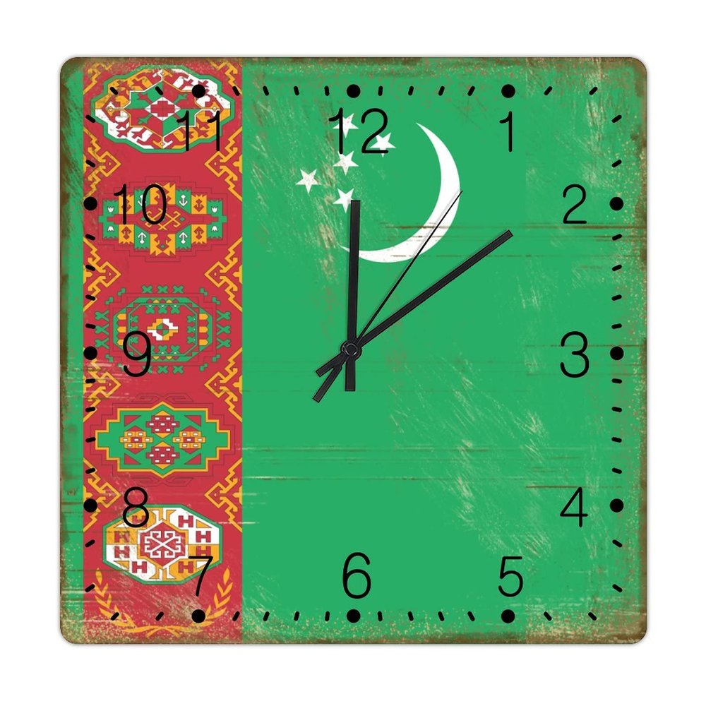 Central Asia Country Country Souvenir Wooden Wall Clock Central Asia Country Flag Clocks Battery Operated 10inch Square Wall Clock Retro National Flag Home Decorative Clocks for Office School