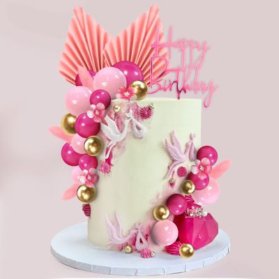 29 PCS Flower Boho Cake Topper Balls Cake Decorations with Hot Pink and Gold Balls Palm Leaves Artificial Plants for Wedding Birthday Themed Supplies (Hot Pink)