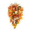 22 Inch Artificial Fall Teardrop Swag, Harvest Hanging Swag with Maple Leaves, Sunflower, Berries and Bows, Front Door Swag Teardrop Wreath with String Light for Home Decor, Orange view 1