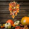 22 Inch Artificial Fall Teardrop Swag, Harvest Hanging Swag with Maple Leaves, Sunflower, Berries and Bows, Front Door Swag Teardrop Wreath with String Light for Home Decor, Orange view 2