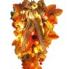 22 Inch Artificial Fall Teardrop Swag, Harvest Hanging Swag with Maple Leaves, Sunflower, Berries and Bows, Front Door Swag Teardrop Wreath with String Light for Home Decor, Orange view 4