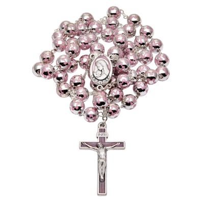 Mondo Cattolico Rosary Beads catholic for Women and Men from Vatican Sacred Heart of Jesus Rosary in Silver Color Beads Decorated with Pink Flowers - Perfect Catholic gifts (Pink)