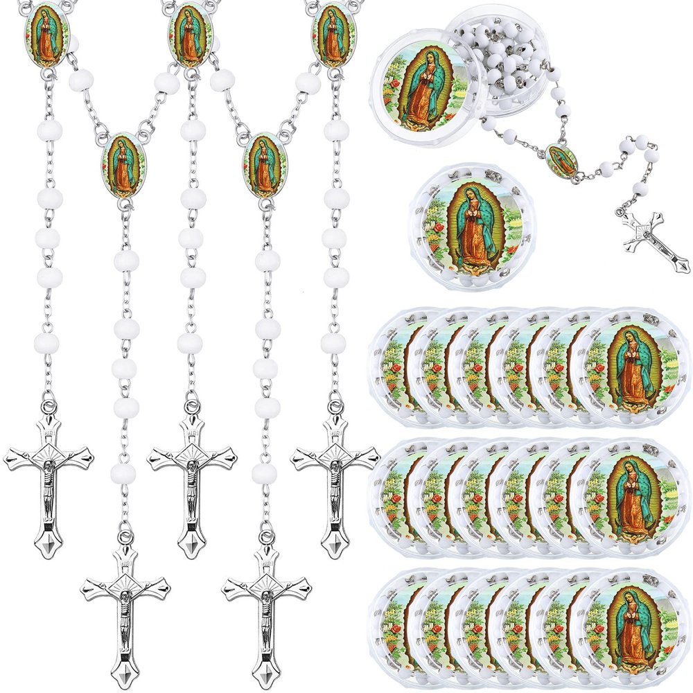 Jadive 24 Pcs Lady Guadalupe Scented Rosary Beads Necklace Bulk Baptism Favors First Communion Rosarios Catolicos with 24 Clear Gift Box(White)