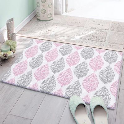 Bath Rug for Bathroom Bedroom, Gray and Pink Leaves Bath Mats Plush Area Rugs Non Slip Doormats Absorbent Bathroom Mat for Indoor Entrance 20"31.5" Abstract Geometric Lines Tiled