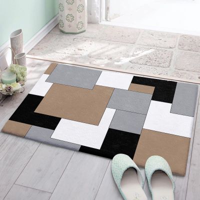 Bath Rug for Bathroom Bedroom, Abstract Color Block Bath Mats Plush Area Rugs Non Slip Doormats Absorbent Bathroom Mat for Indoor Entrance 16"24" Brown Gray Black Geometric