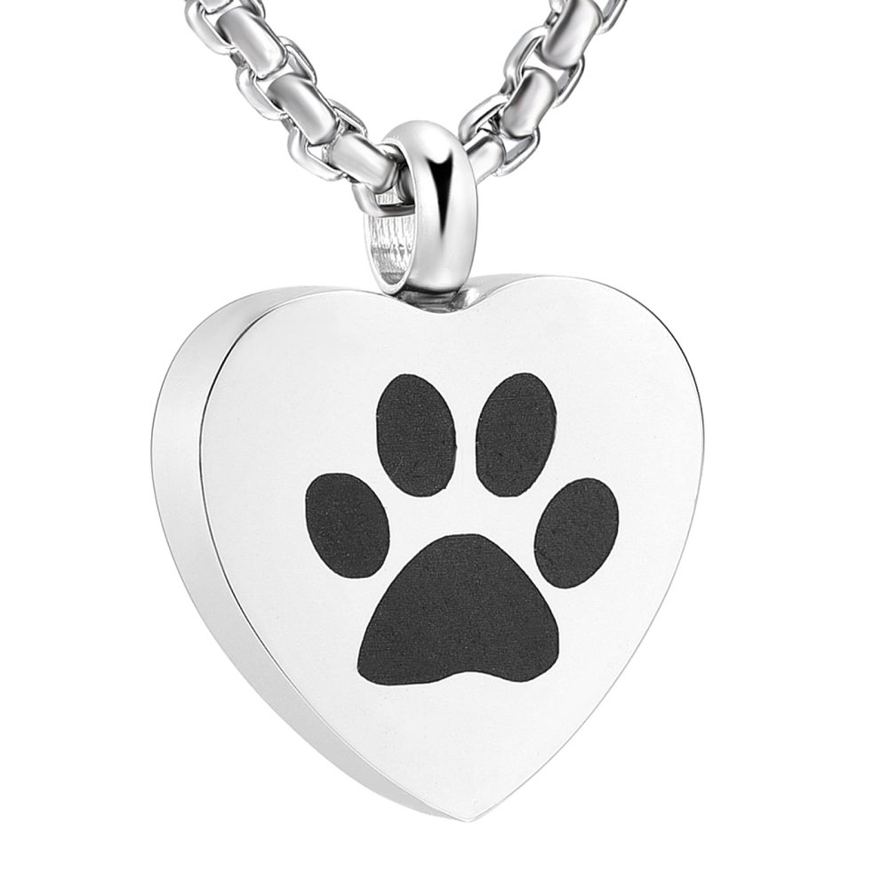 SHEIL of Pet Memorial Jewelry - Dog/Cat Paw Print Heart Stainless Steel Keepsake Necklace for Cremation Ashes,3