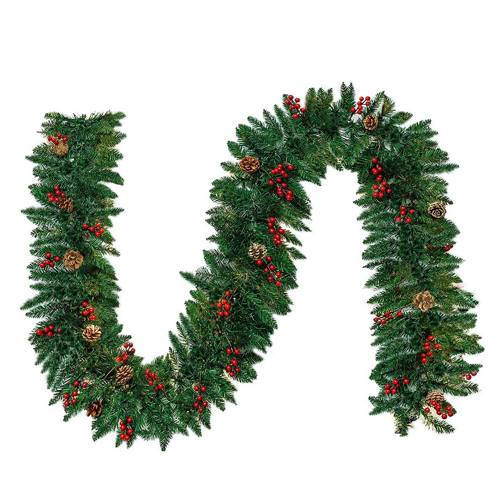 Christmas Garland 10 FT Long- Artificial Christmas Pine Cone Garland with Red Berries- for Mantle Fireplace Stairs Railing Indoor Outdoor Decorations, No Lights, Pack of 2