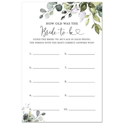 InvitationHouse How Old was The Bride Guess The Bride's Age Game - 48 Cards (Greenery)
