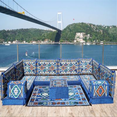 Arabic Sofa, Moroccan Sofa, Modular Cushion, Blue Garden Sofa Set, Bench Pillow Set, Corner Sofa Set, Bohemian Furniture, Floor Cushion Set (U Sofa + Rug + Ottoman)
