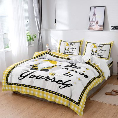 4 Piece Full Duvet Cover Set Summer Gnome Daisy with Bumble Bees Breathable Comforter Covers Ultra Soft Bed Sheet with Decoretive 2 Pillow Shams Bedding Collection Sets Yellow Plaid Positive Text