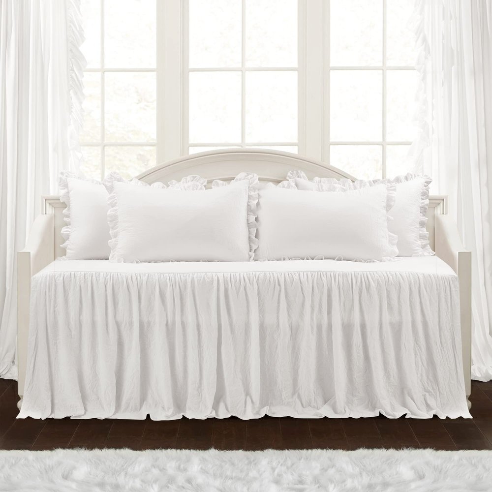 Lush Decor Ruffle Skirt Daybed Cover 5 Piece Set 39"W x 75"L White - Ruffled Bedding Set - Farmhouse Bedding Twin Bedspread - Twin Bedspread