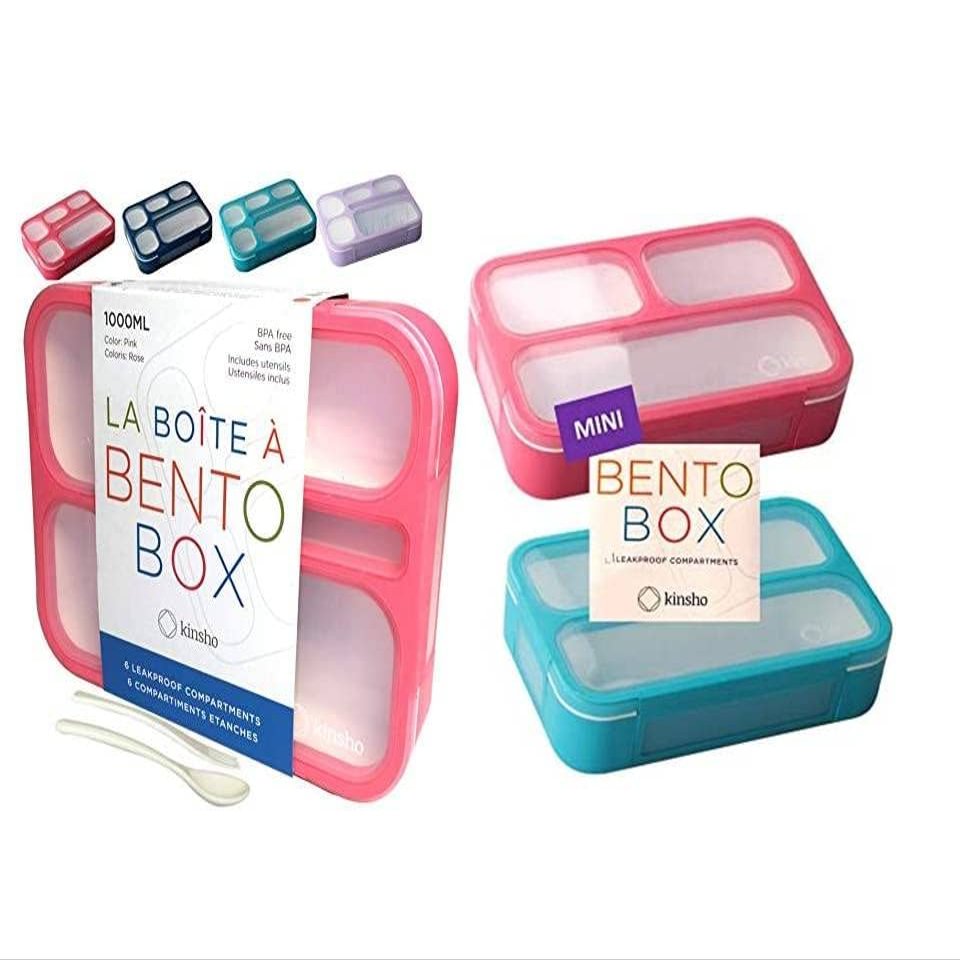 Bundle of Bento-Box Lunch-box Containers for Kids with 6 compartments (Pink) + 2x Small Bento Lunch Box for Kids