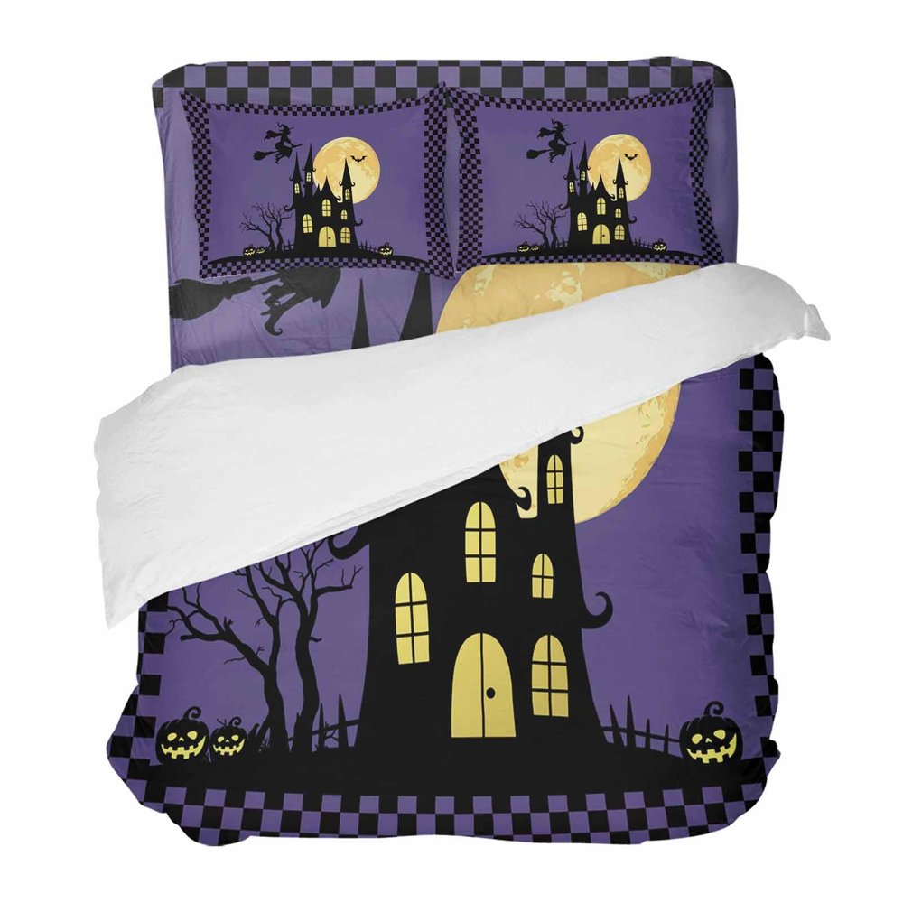 4 Piece Queen Duvet Cover Set Halloween Castle Moon Witch Breathable Comforter Covers Ultra Soft Bed Sheet with Decoretive 2 Pillow Shams Bedding Collection Sets Pumpkin Black Plaid Purple Background