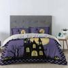 4 Piece Queen Duvet Cover Set Halloween Castle Moon Witch Breathable Comforter Covers Ultra Soft Bed Sheet with Decoretive 2 Pillow Shams Bedding Collection Sets Pumpkin Black Plaid Purple Background view 2