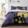 4 Piece Queen Duvet Cover Set Halloween Castle Moon Witch Breathable Comforter Covers Ultra Soft Bed Sheet with Decoretive 2 Pillow Shams Bedding Collection Sets Pumpkin Black Plaid Purple Background view 3