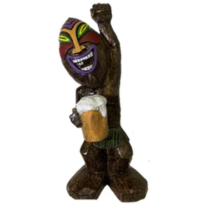 18" Friki-Tiki Full Body Totum Pole Statue with Peace Sign Hand & Beer Party Drink