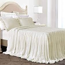 Dainty Homes : Single Ruffle 3 Piece Set Bed Spread Shabby Chic Farmhouse Style 100% Egyptian Cotton 600 TC 25" Drop Full XL-Solid Ivory