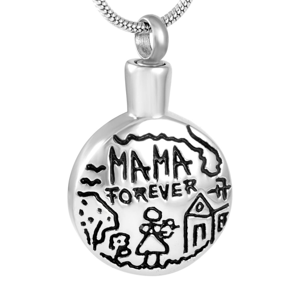 SHEIL Mama Forever Love Round Stainless Steel Cremation Urn Jewellry from Ashes Keepsake Memorial Pendant Jewelry - Engravable,1