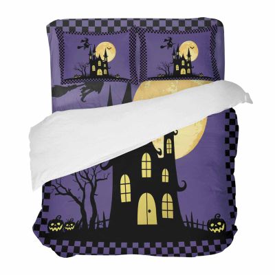4 Piece Twin Duvet Cover Set Halloween Castle Moon Witch Breathable Comforter Covers Ultra Soft Bed Sheet with Decoretive 2 Pillow Shams Bedding Collection Sets Pumpkin Black Plaid Purple Background