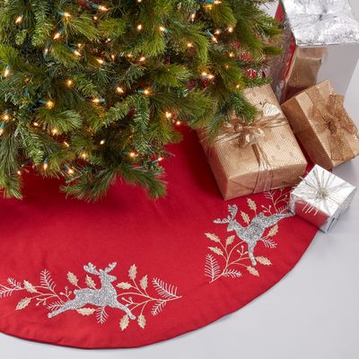 Embroidered Reindeer Christmas Tree Skirt