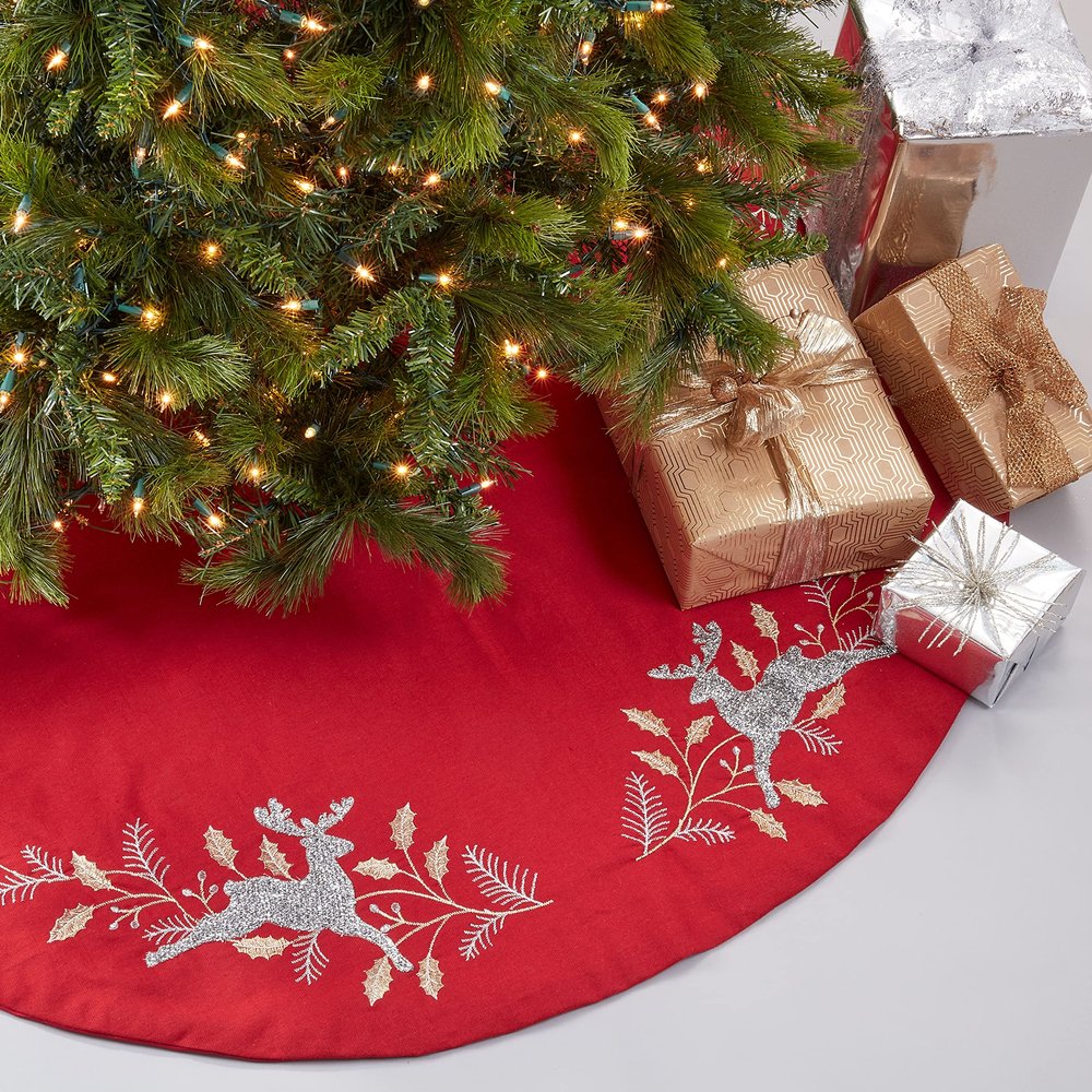 Embroidered Reindeer Christmas Tree Skirt