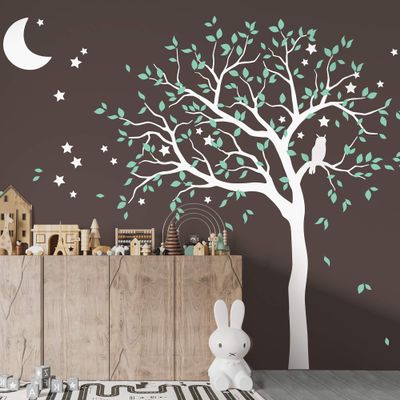 Large Tree Wall Decal Sticker with owl, Moon and Stars Nursery Mural Decoration 088 (Leaning Left, White, Mint)