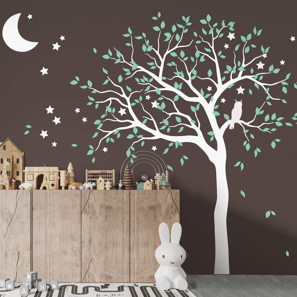 Large Tree Wall Decal Sticker with owl, Moon and Stars Nursery Mural Decoration 088 (Leaning Left, White, Mint)
