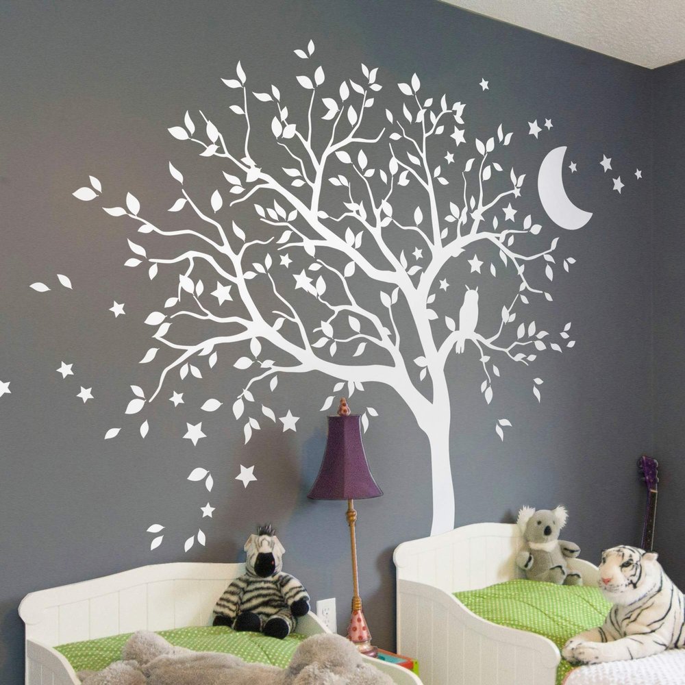 Large Tree Wall Decal Sticker with owl, Moon and Stars Nursery Mural Decoration 088 (Leaning Left, All White)