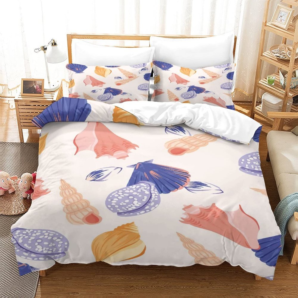 3-Piece Ocean Quilt CoverLightweight Beach Bed Cover Microfiber Ocean Sheet Coastal Bedding Shell Conch Bed Set Nautical Home Decor 90x90 inch228x228 cm