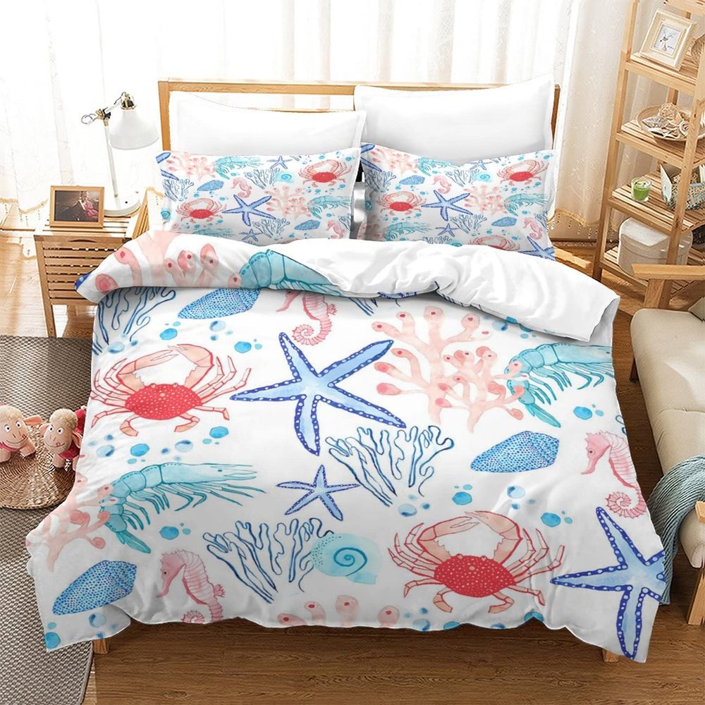 3-Pack Beach Shell Bedspread Ocean Themed Shell Conch Summer Quilt Lightweight Double Sided Conch Seahorse Starfish Coral Print Bedspread Set Coastal Bedding Twin 68x86 inch173x218 cm