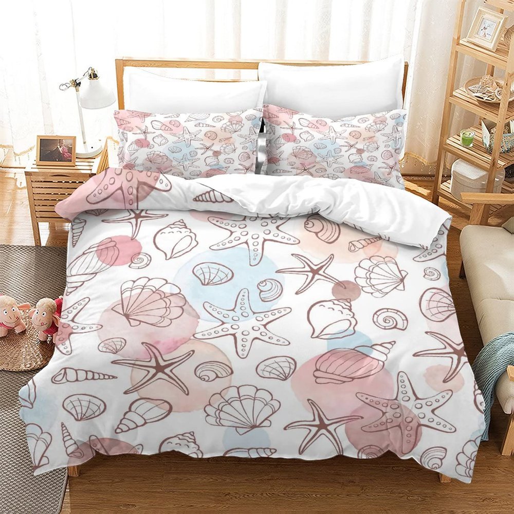 Nautical Themed Bed Cover 3 Piece Double Sided Quilt Cover, Cotton Fabric All Season Coastal Beach Shell Print Quilt Cover, Room Bedroom Quilt 2 Pillowcases (20 X 30 Inches) 90x90inch