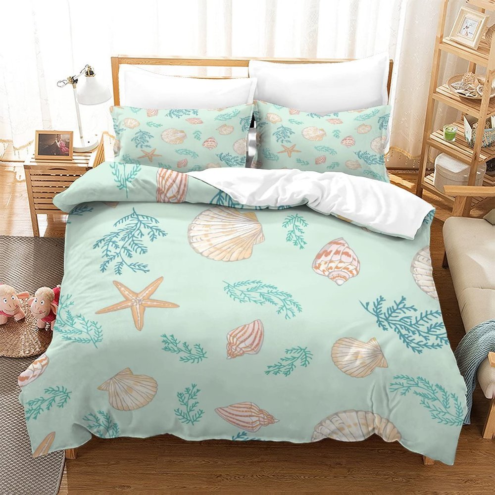 3 Piece Quilt King Ocean Theme, Lightweight Coastal Beach Bedding Shell Conch Starfish Print Bedspread Bedspread with 2 Pillowcases Twin 68x86 inch173x218 cm