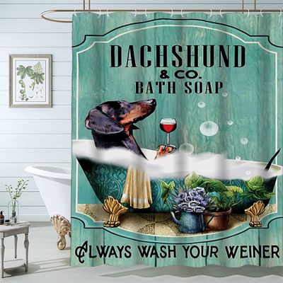 Famiffty Dog Shower Curtain,Funny Shower Curtains 72Wx72L Inch Dachshund Shower Curtain Bath Soap Wash Your Paws Fun Ocean Teal Green Bathtub Vintage Wood Waterproof Polyester Fabric 12 Plastic Hooks