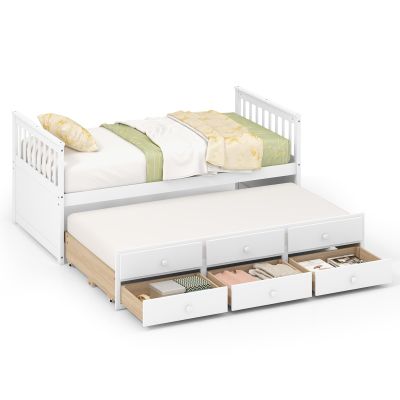 DORTALA Trundle Bed Twin Size, Wooden Daybed w/Trundle and 3 Storage Drawers, No Box Spring Required, Modern Captains Bed for Boys Girls Adults, Great for Bedroom, Guest Room (White, Twin)