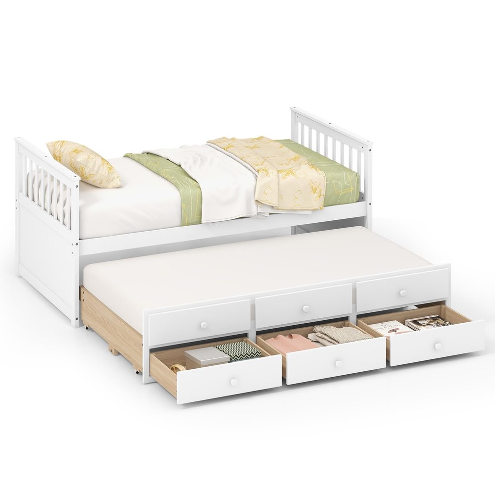 DORTALA Trundle Bed Twin Size, Wooden Daybed w/Trundle and 3 Storage Drawers, No Box Spring Required, Modern Captains Bed for Boys Girls Adults, Great for Bedroom, Guest Room (White, Twin)
