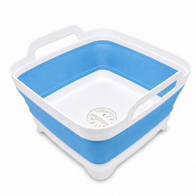 2.4 Gal(9L) Collapsible Dish Basin with Drain Plug, Space Saving Outdoor Multiuse Foldable Sink Tub, Dishpan, Kitchen Storage Tray for Camping, Vegetable Washing, RV (Blue)