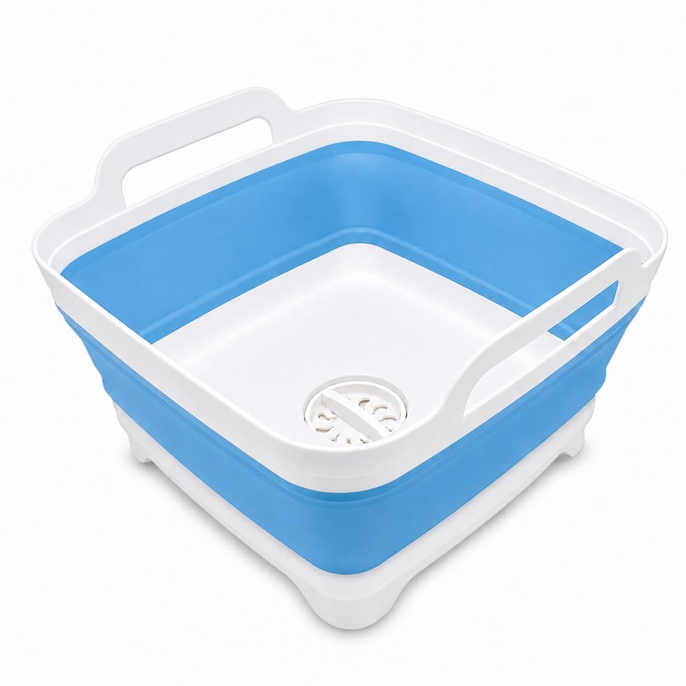 2.4 Gal(9L) Collapsible Dish Basin with Drain Plug, Space Saving Outdoor Multiuse Foldable Sink Tub, Dishpan, Kitchen Storage Tray for Camping, Vegetable Washing, RV (Blue)