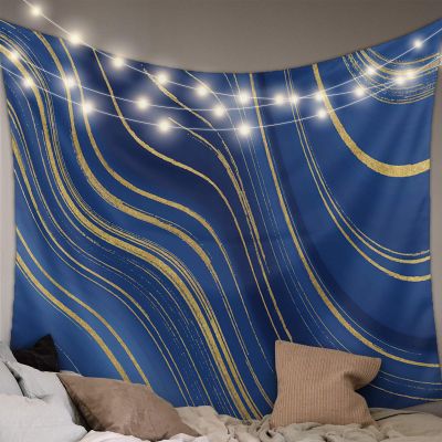 Chees D Zone Royal Blue Stripes Gold Inlay Wall Hanging Tapestries,Fluid Art Abstract Ripple Curve Fabric Throw Tapestry Art Home Decor for Bedroom/Living Room/Sofa Backdrop 59x79In