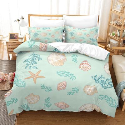 3 Piece Quilt King Ocean Theme, Lightweight Coastal Beach Bedding Shell Conch Starfish Print Bedspread Bedspread with 2 Pillowcases Full80x90 inch203x228 cm