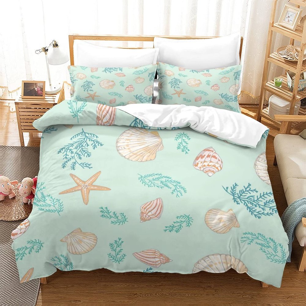3 Piece Quilt King Ocean Theme, Lightweight Coastal Beach Bedding Shell Conch Starfish Print Bedspread Bedspread with 2 Pillowcases Full80x90 inch203x228 cm