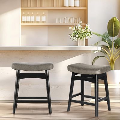 ALPHA HOME Bar Stools Set of 2, Solid Wood Saddle Kitchen Stools with Grey PU Leather Cushion Counter Height Barstools with Wooden Base for Kitchen Dining Cafe, 24 Inch, Grey, 2PCS