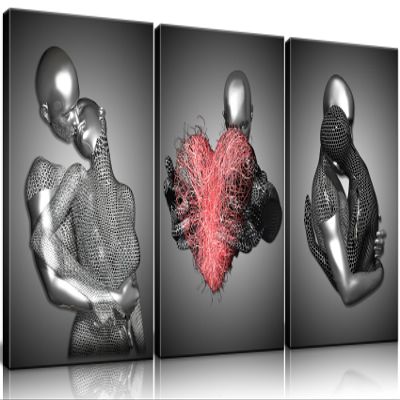Framed 3 Pcs Love Heart 3d Wall Art Metal Sculpture Romantic Couple Abstract Art Prints Posters Decor Grey Black and White Canvas Printsfor Bedroom Living Room Bathroom Hotel Valentine'S Day ready to