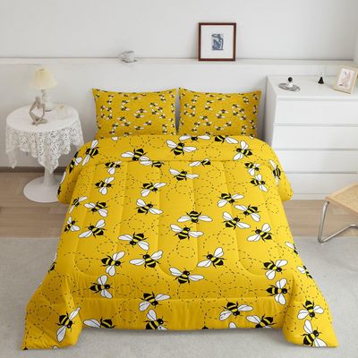 Feelyou Cute Bees Comforter Set - Twin Size, Cartoon Bee & Flowers Bedding Set, Nature Spring Garden Decorative Comforter for Kids, Girls & Boys - Yellow & Black Comforter with Inner Fill