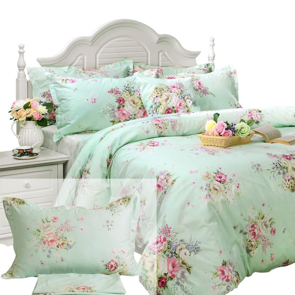 FADFAY 7Pcs Green Floral Cotton Duvet Cover Sheet Set Full Size, 1 Duvet Cover+1 Flat Sheet+1 Fitted Sheet+ 4 Standard Size Shams