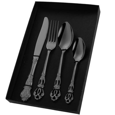 24-Piece retro relief Black Silverware Set for 6, 18/10 Stainless Steel Cutlery Flatware Set,Kitchen Tableware Set for Home and Restaurant, Knife Spoons and Forks Set, Dishwasher Safe (24 Pcs)