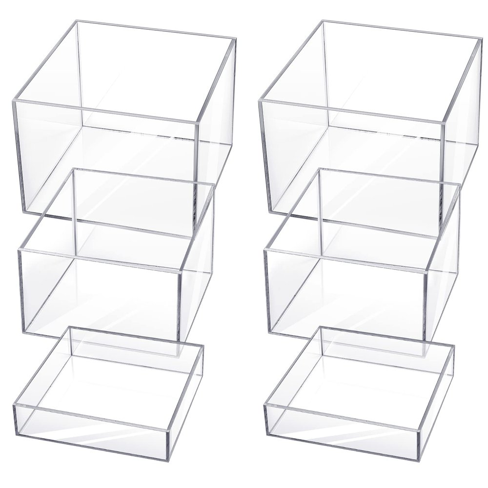 6 Pcs Acrylic Display Risers - Nesting Cubes with Hollow Bottoms - Display Stand Shelf for Cosmetics, Food, Collectibles, Jewelry & Figures (Clear)