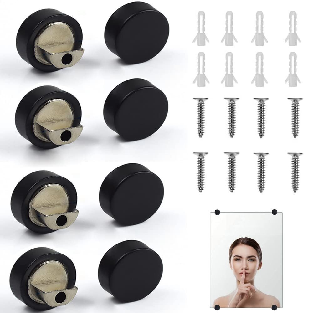 8Pcs Zinc Alloy Mirror Floating Glass Clip Set - Wall Mounted Mirrors Bracket/Clip for Bathroom, Dresser, Supporting Sheet Nail Fixed Fitting (Black)