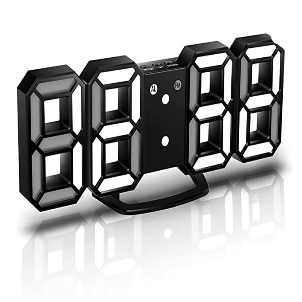 3D LED Digital Alarm Clock Wall Clock with 3 Adjustable Brightness Levels (Black)