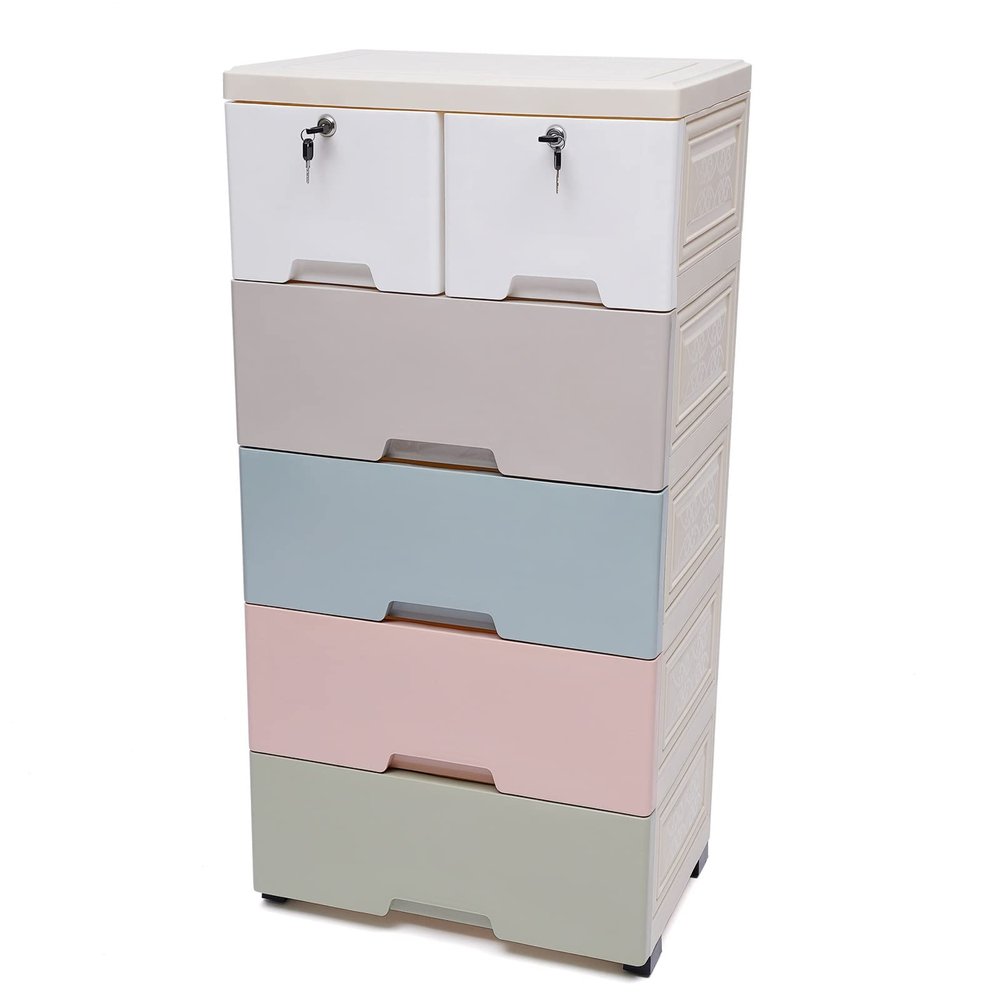 5 Tier Plastic Storage Cabinet with 6 Drawers Vertical Clothes Storage Cabinet with Lock and Wheels Home Storage Cabinet for Bedroom Living Room (Macaron,13.8"D x 19.7"W x 40.2"H)