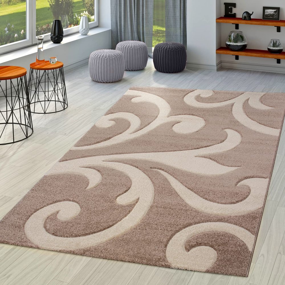 Paco Home Brown Beige Area Rug with Contour Cut and Modern Floral Pattern, Size: 5'3" x 7'7"